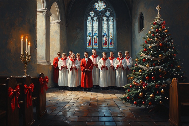 A male choir standing in a church singing, with a decorated Christmas Tree on the right hand side.